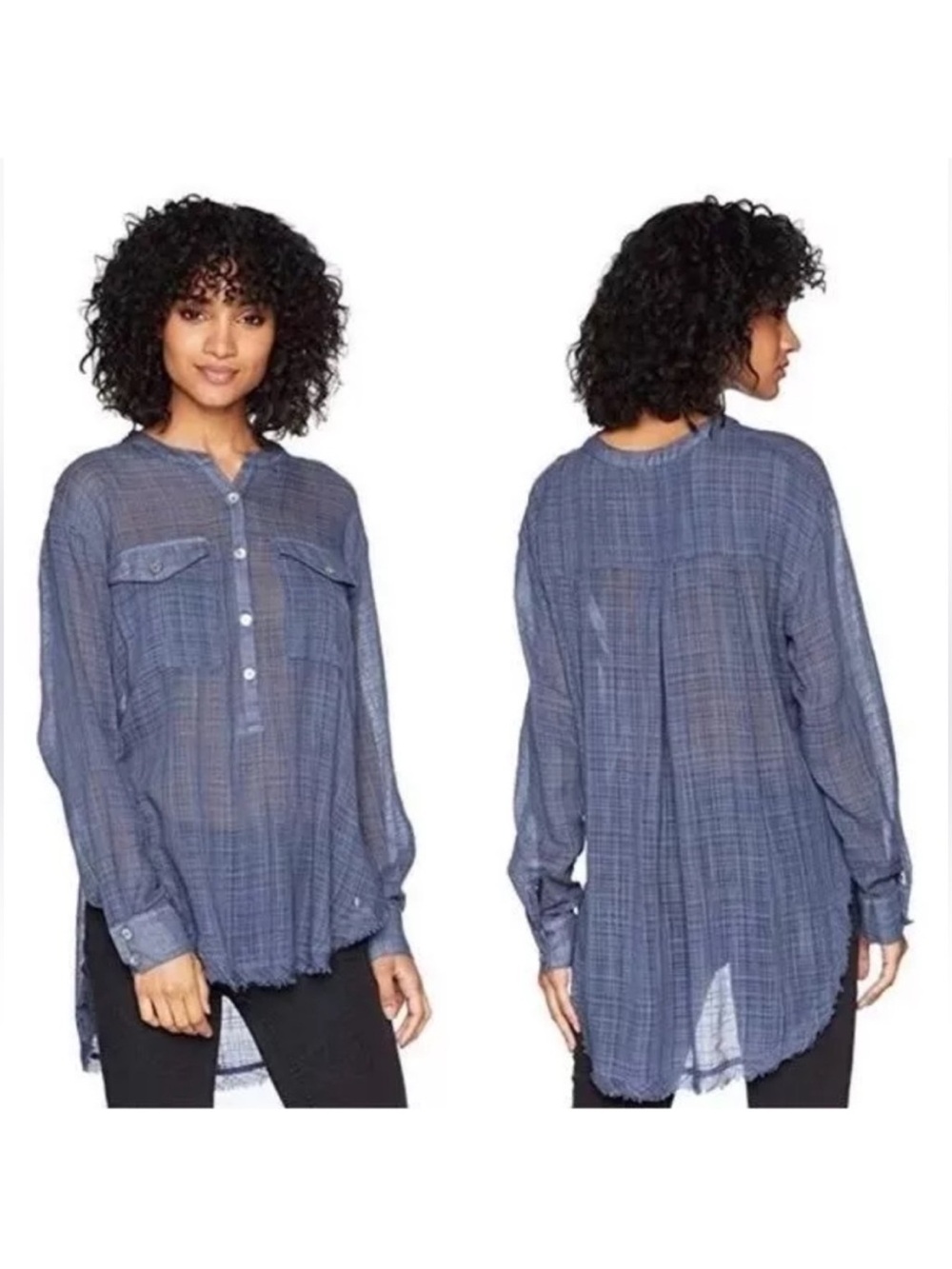 Free People Talk To Me Plaid Blue Gray Frayed Hem Button Up Long Sleeve Shirt